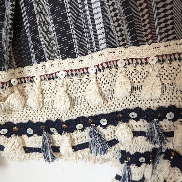 Zara navy blue cream tassel embellished stripe cotton open front cardigan - Picture 4 of 7